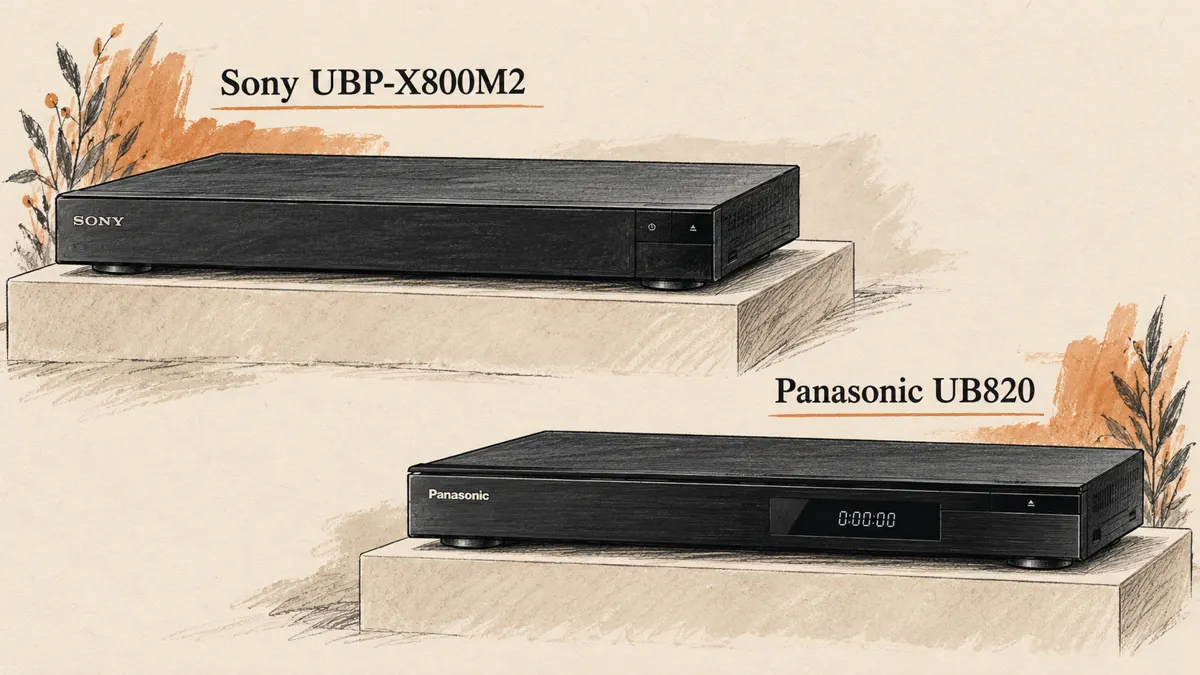 Sony UBP-X800M2 and Panasonic UB820 illustrations, not to scale.